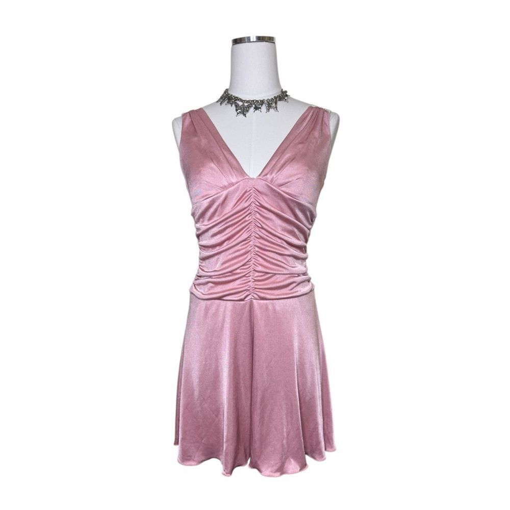 Y2K Charlotte Russe Pink Satin Ruched Silver Sequin Mini Dress Size Small